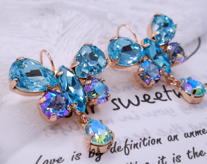 Butterfly Paraiba Blue Aurora Drop Earrings: Austrian Crystal Bridal Jewelry