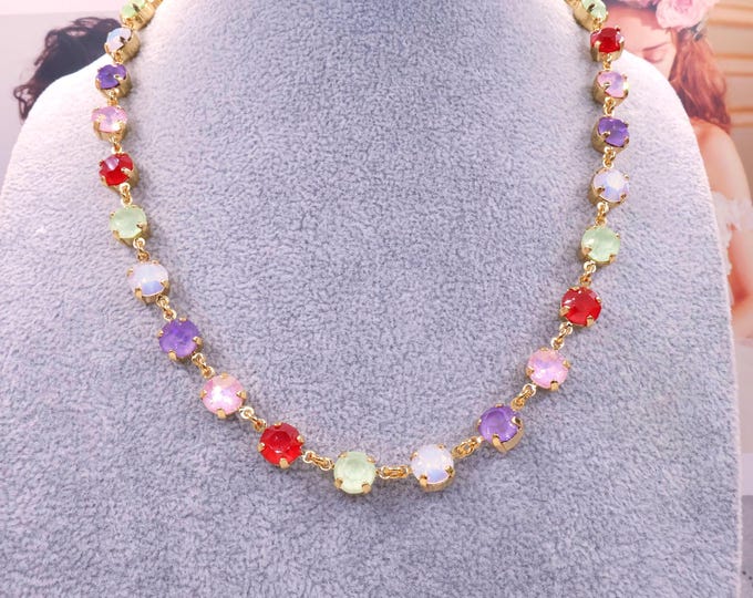 Macaron Tennis Necklace: Fuchsia Crystal, 18k Gold Plated, Boho Bridal Jewelry