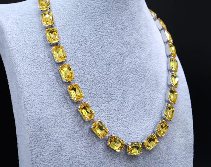 Golden Crystal Necklace: Octagonal Austrian Cut, sliver-Plated Brass
