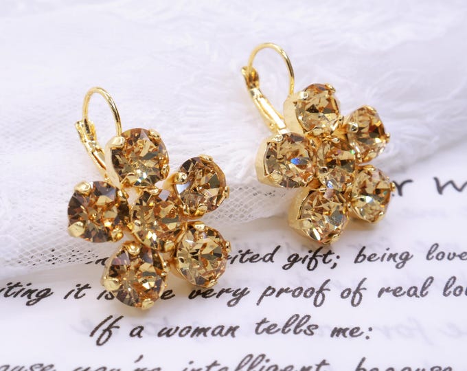 Flower Champagne Gold Drop Earrings: Austrian Crystal Bridal Jewelry
