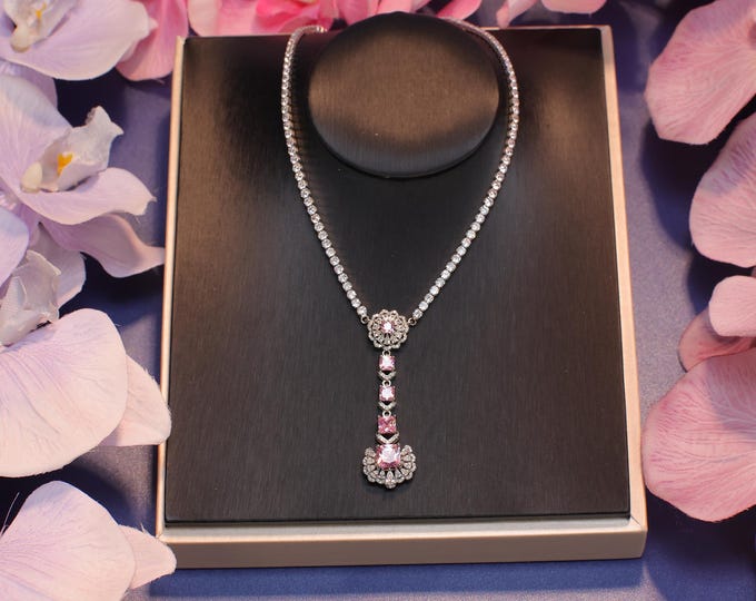 Timeless Crystal Bridal Jewelry Set | Wedding Necklace, Earrings & Bracelet | Ideal Bridesmaid Jewelry Gift.Pink Rose Crystal Pendant