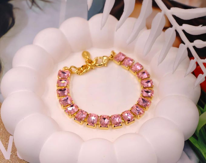 Rose Pink Austrian Crystal Bracelet - Gold Plated Bridal Jewelry