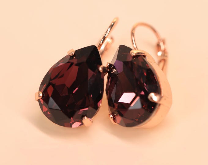 Dark Purple Pear-Shaped Austrian Crystal Bridal Earrings with 18k Rose Gold and Silver Accents – Elevate Your Wedding Look,Purple crystal