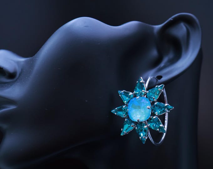 Blue Opal Crystal Drop Earrings: 18k Rose Gold Plated Chandelier Earrings