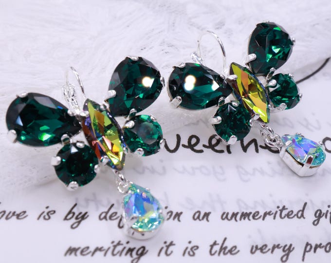 Butterfly Emerald Drop Earrings: Austrian Crystal Bridal Jewelry