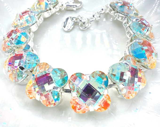 Four-leaf clover aurora color Austrian Crystal Bracelet - Silver Bridal Jewelry