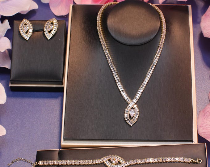 Complete Bridal Jewelry Set | Elegant Crystal Necklace, Earrings, and Bracelet for Weddings