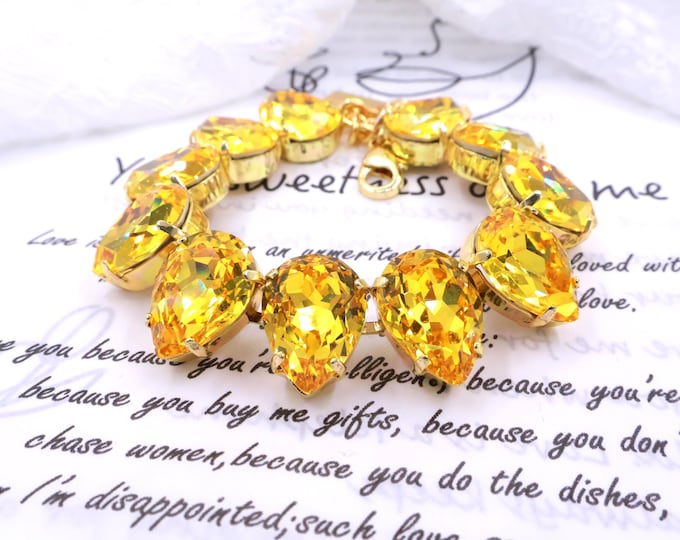 Sunflower Golden Teardrop Austrian Crystal Bracelet - 18k Gold Bridal Jewelry