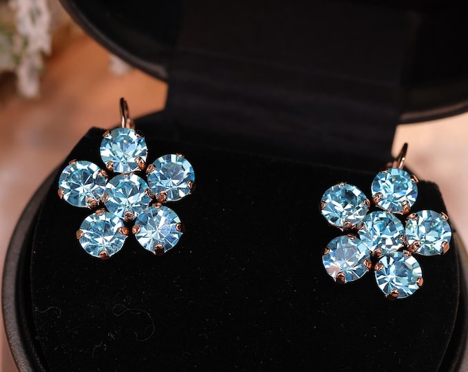 Sparkling Drop Earrings with Blue & Transparent White Austrian Crystals in a Flower Design – Beautiful Bridal Jewelry for Weddings