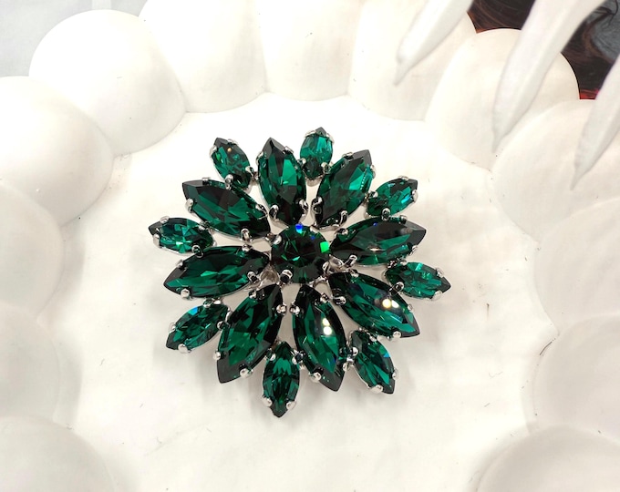 Antique Emerald Austrian Crystal Snowflake Brooch | Platinum Plated Art Deco Bridal Jewelry