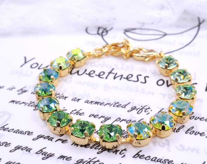 Olive Green Austrian Crystal Bracelet, Gold Plated Bridal Jewelry