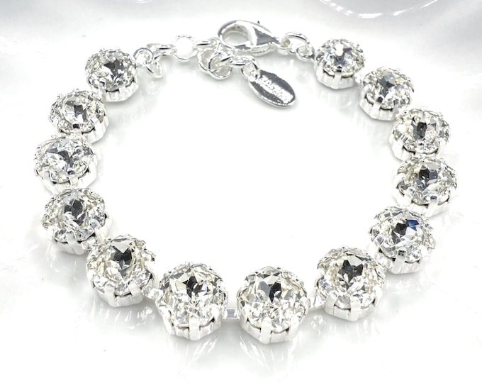 10mm White  Octagonal Rose Quartz Austrian Crystal Bracelet - Sliver Plated Bridal Jewelry
