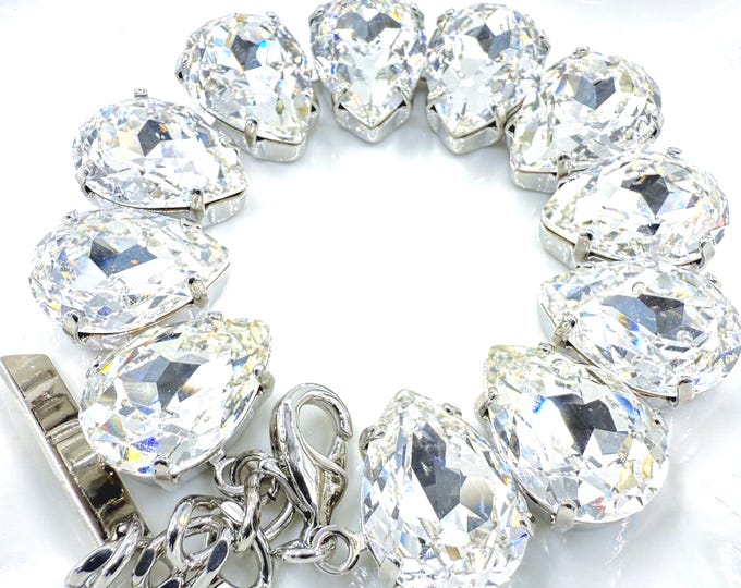 White Teardrop Austrian Crystal Bracelet - 18k Gold Bridal Jewelry