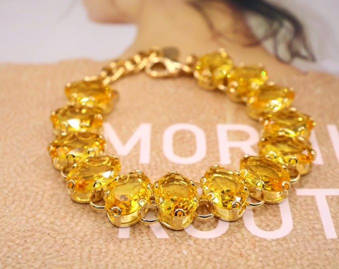 Golden Phantom Swarovski Crystal Bracelet: Oval gold,Adjustable Bridal Jewelry