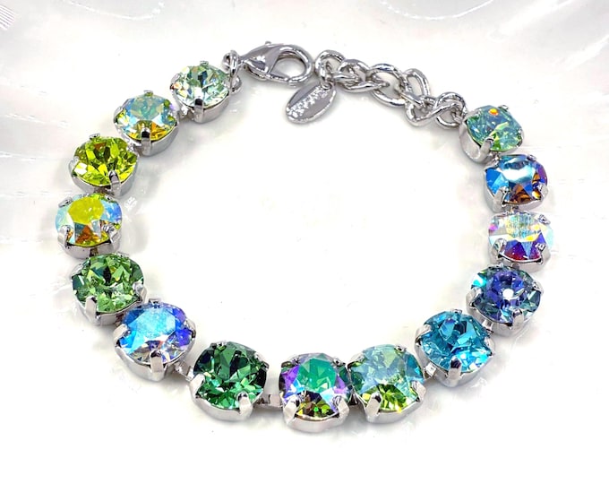 Austrian Crystal Bracelet: Green Blue Mix, Adjustable Bridal Jewelry