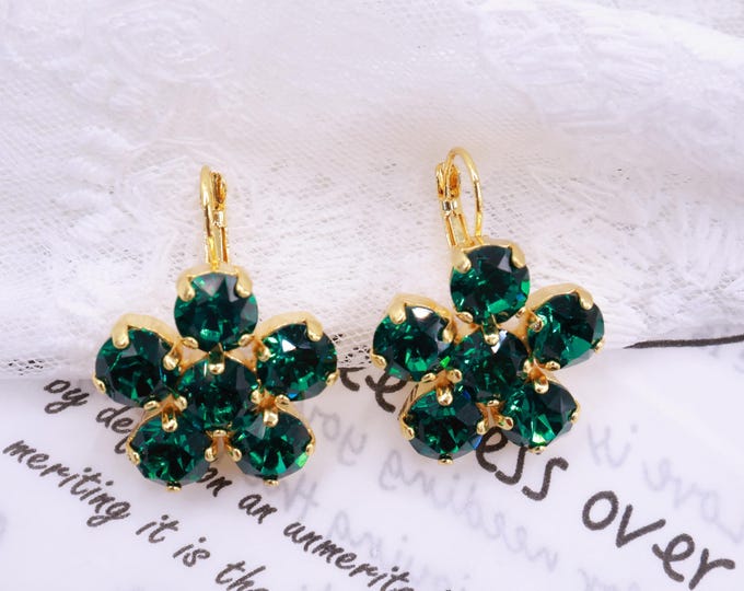 Flower Emerald Drop Earrings: Austrian Crystal Bridal Jewelry