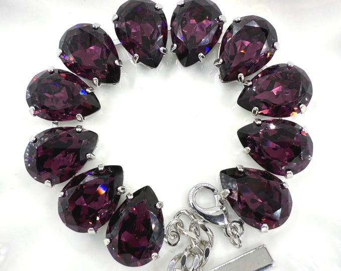 Amethyst Teardrop Austrian Crystal Bracelet - 18k Gold Bridal Jewelry