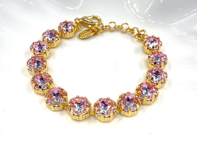 10mm Lavender Pink Octagonal Rose Quartz Austrian Crystal Bracelet - Gold Plated Bridal Jewelry