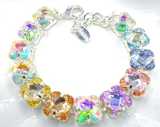 Four-leaf Aurora colorful mixed colors Austrian Crystal Bracelet - Silver Bridal Jewelry