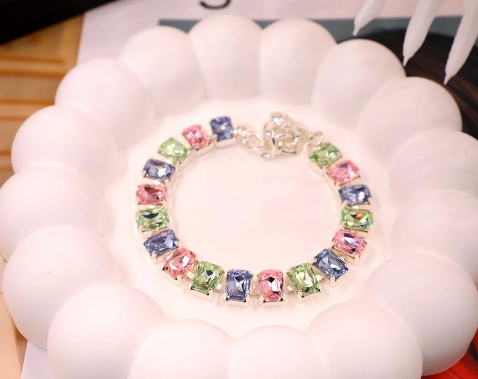 Rose pink, denim blue, olive green mixed color Austrian Crystal Bracelet - Silver Bridal Jewelry