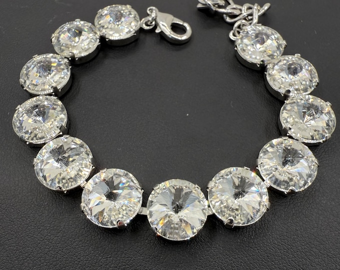 White Rivoli Austrian Crystal Bracelet - 18k Gold Bridal Jewelry