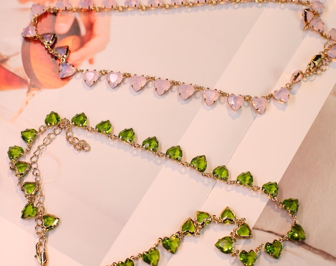 Healing Heart-Shaped Crystal Necklace Energy Jewelry with Peridot Green and Pink Protein Crystals for Brides, Bridesmaids, and Special Gifts