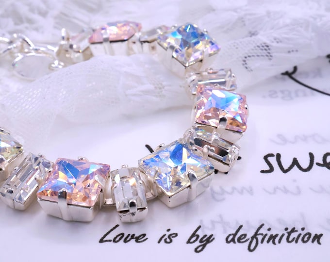 Swarovski Crystal Bracelet: Light Golden Shimmer Pink, Adjustable Bridal Jewelry