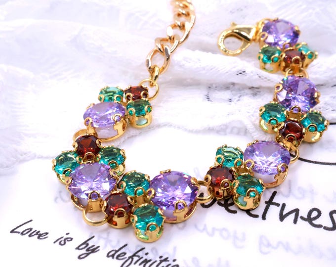 Austrian Crystal Bracelet:Violet Emerald Colorful color mixing, Adjustable Bridal Jewelry