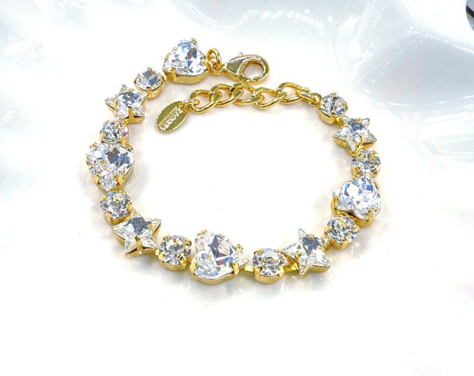White Swarovski Crystal Bracelet: Pentagram, heart shape, round crystal combination gradient,Adjustable Bridal Jewelry
