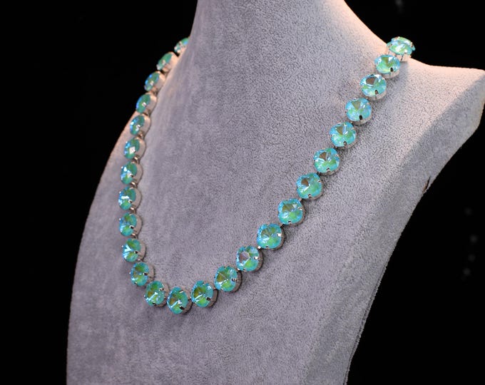 Elegant Austrian and Blue Protein Crystal Necklace Healing Bridal Silver Jewelry for Georgian Style Weddings and Anna Wintour Mother’s Gift