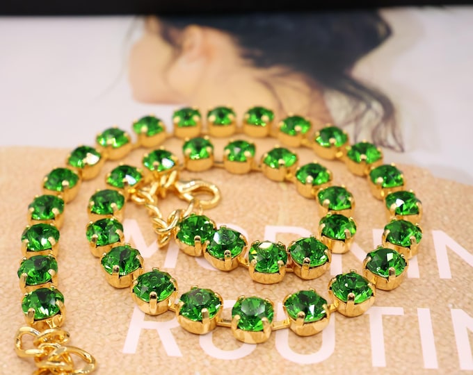 Fern Green Crystal Tennis Necklace: Fern Green Anna Wintour style necklace Ombre Rainbow Boho Bridal Jewelry