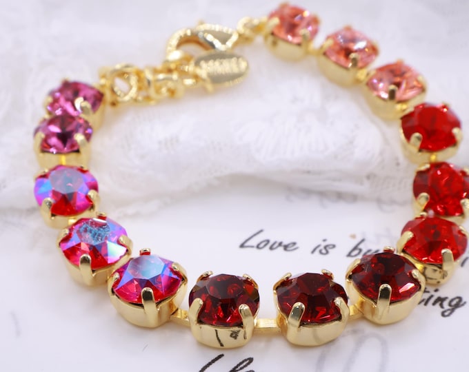 Red colorful aurora Austrian Crystal Bracelet: Gold Plated Bridal Jewelry