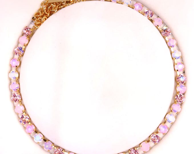 Spring Pink Mixed-Color Austrian Crystal Tennis Necklace - Gold Plated Bridal Jewelry