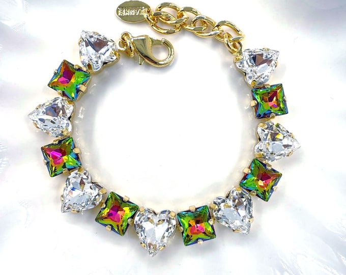 Black Aurora Swarovski Crystal Bracelet: Combination of heart and square crystal,Adjustable Bridal Jewelry