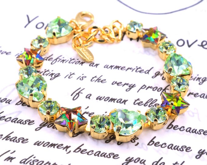 Olive Green Crystal Bracelet: Pentagram, heart shape, round crystal combination gradient,Adjustable Bridal Jewelry