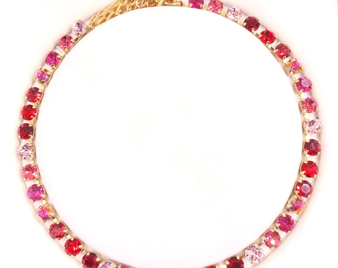 Spring Red Mixed Color Austrian Crystal Tennis Necklace- Gold Plated Bridal Jewelry