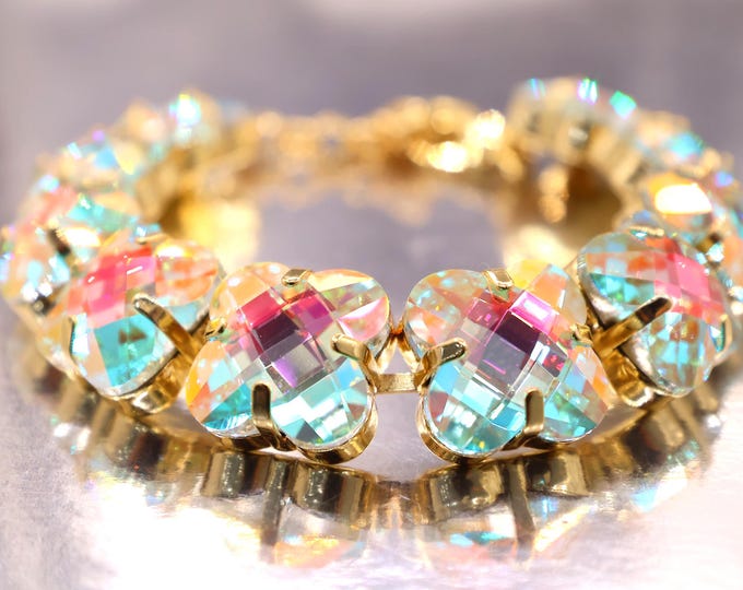 Four-leaf clover aurora color Austrian Crystal Bracelet - Silver Bridal Jewelry