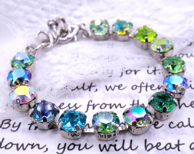 Austrian Crystal Bracelet: Green Blue Mix, Adjustable Bridal Jewelry