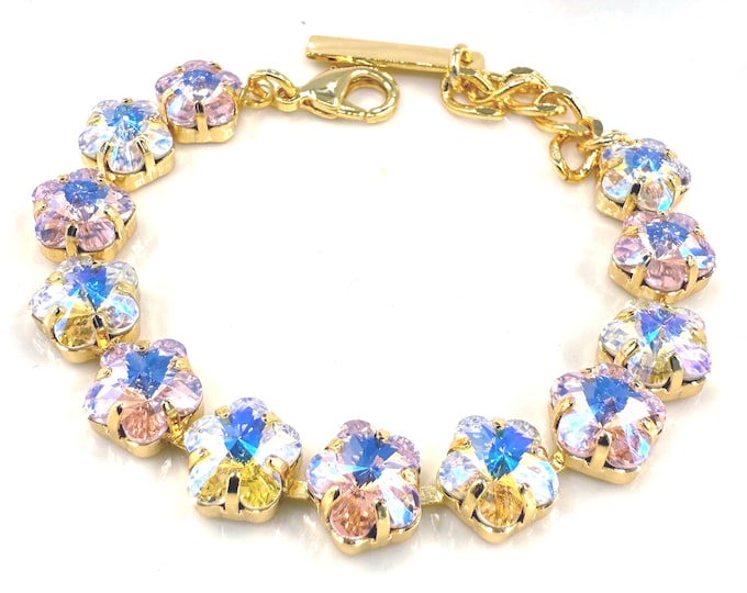 Gold Plated Austrian Crystal Bracelet: Sunflower & Cherry Blossom Pink