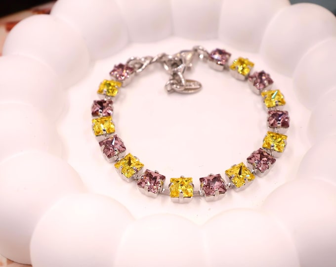 Austrian Crystal Bracelet: Maillard Purple, Golden Crystals, Adjustable Bridal Jewelry