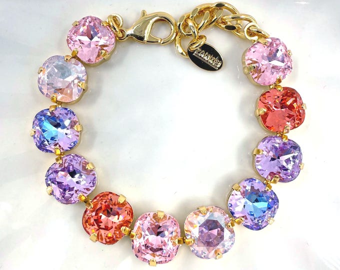 Austrian Crystal Bracelet: Rose Pink, Violet, & Lotus Red - Gold Plated