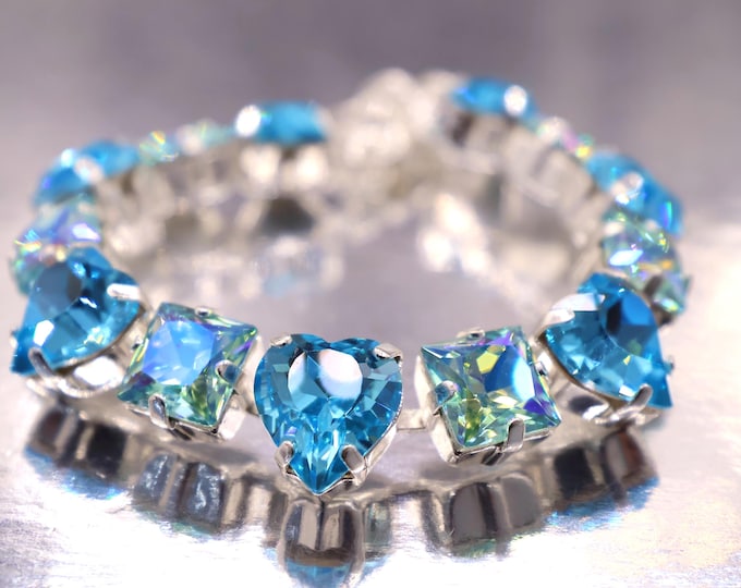 Light Turquoise Swarovski Crystal Bracelet: Combination of heart and square crystal,Adjustable Bridal Jewelry