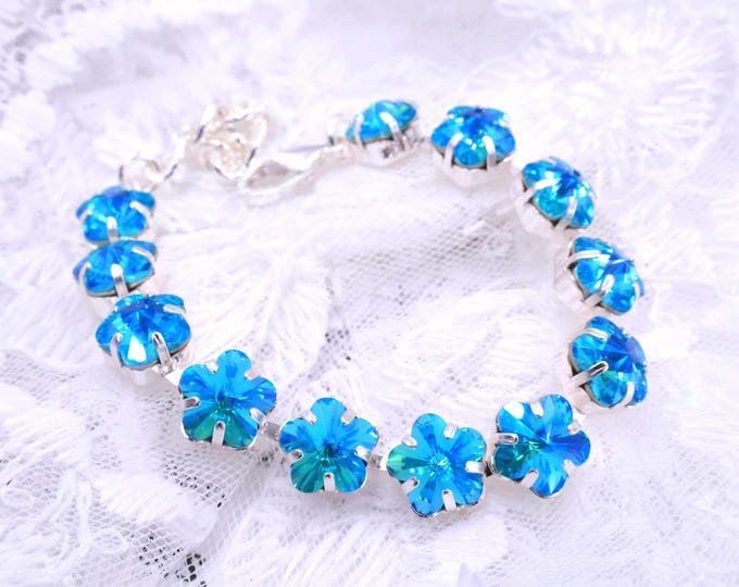 Blue Zircon Crystal plum bossom Austrian Crystal Bracelet - Sliver Plated Bridal Jewelry