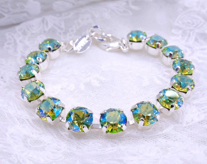 Olive Green Austrian Crystal Bracelet - Adjustable Bridal Jewelry