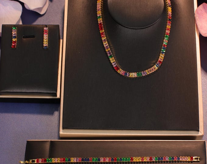 Exquisite Rainbow Crystal Bridal Jewelry Set – Perfect Wedding Day Earrings & Necklace, Bridesmaid and Birthday Gifts