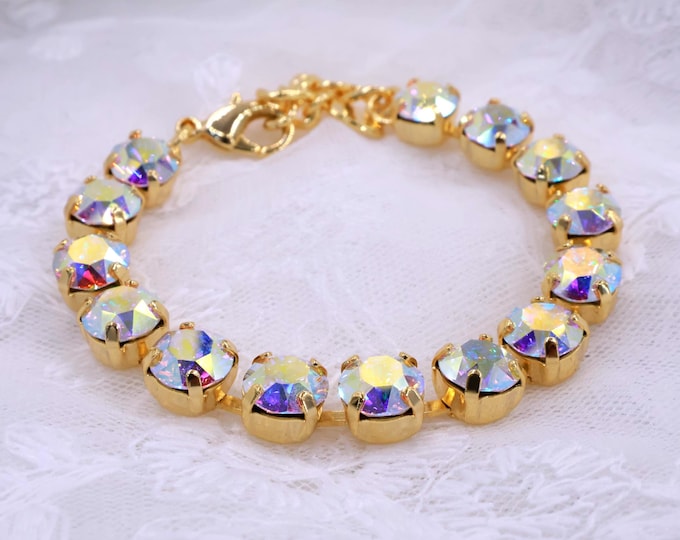 Rainbow Aurora Austrian Crystal Bracelet: Gold Plated AB Bridal Jewelry