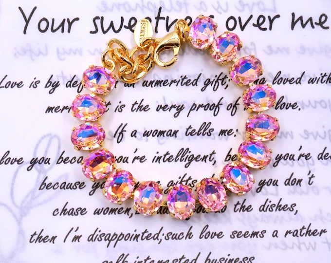 Cherry Blossom Pink Swarovski Crystal Bracelet: Oval Pink, Adjustable Bridal Jewelry