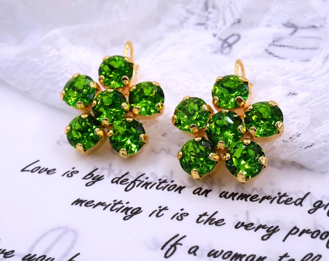 Flower Dark olive Drop Earrings: Austrian Crystal Bridal Jewelry