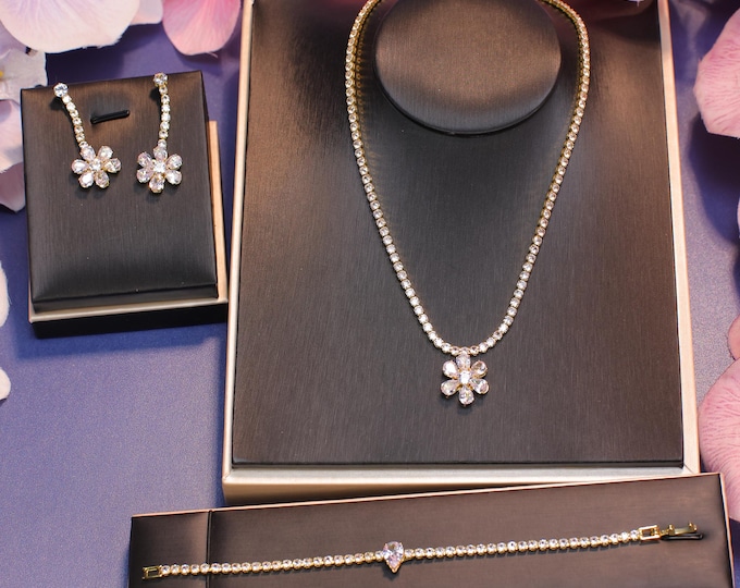 Elegant Crystal Bridal Jewelry Set | Sparkling Wedding Necklace, Earrings & Bracelet | Perfect Bridesmaid Jewelry