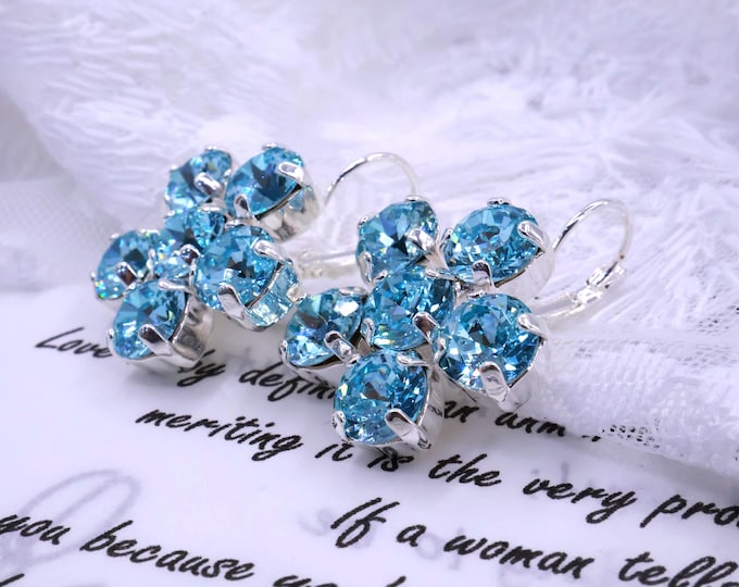 Aqua Austrian Crystal Flower Earrings: 18k Gold-Plated Bridal Jewelry